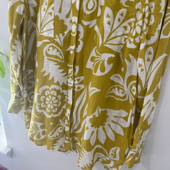 Boden Yellow Floral Print Linen Button Up Top Size 12 Long - Picture 3 of 7